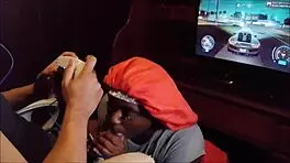 Playing Need for Speed while getting a huge blowjob until she swallows every drop
