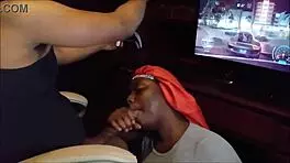 Playing Need for Speed while getting a huge blowjob until she swallows every drop