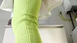 Hot Brunette College Girl With A Mini Tennis Skirt And Over Knee Socks In The Bathroom Shows Panties Under Her Short Skirt And Goes Also No Panties