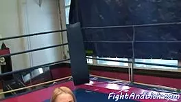 busty babe fingers cute teen after wrestling match in the ring, exploring shaved pussies with licks and fingering