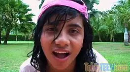 Petite Latina Brunette Undresses Teasingly in Shower, Fingering Wet Pussy