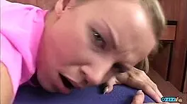 blonde with pigtails bounces on pecker and deep throats it