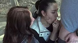 we sucked him together on our vacation - public threesome blowjob