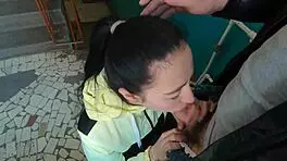 Give Me That Risky Blowjob And Swallow Cum On Stairs!