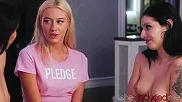 Lesbian sorority girls engage in wet licking and scissoring at party