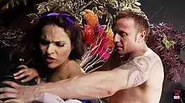 A dwarf drilled good nasty snow white and her big fake tits on the couch