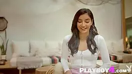 Petite brunette teen enjoys relaxing solo time after striptease