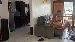 Wow, Husband Is In The Kitchen While She Fucks The Friend In The Room!