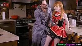 Teen and older man cheat in halloween costumes