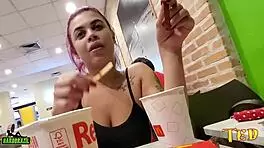 novinha flashes tits and pussy while eating at mcdonalds