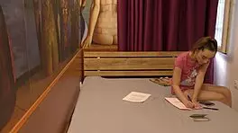 Hot petite 18+ tight shaved pussy alice in the room with only a tshirt and shoes to flash pussy and her naked ass