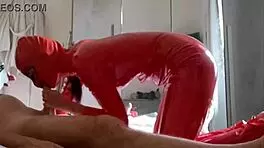 Milf in latex suit sucks cock with cum in mouth
