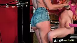 Chloe Temple and Lily Larimar experience lesbian sex backstage