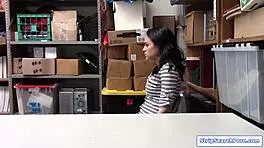 in the stripsearchporn scene, a petite teen thief seduces the store officer during a thorough search involving blowjob and doggystyle.