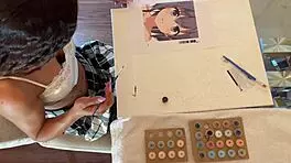 Hot brunette with curly hair flashes tight pussy and ass while stroking big cock