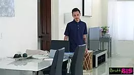 Amber Stark performs deepthroat blowjob in threesome