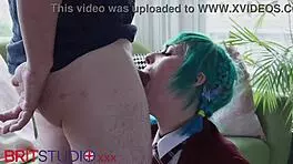 an alt goth girl gets her pussy licked, sucks a big cock, and receives a facial at the party