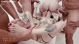 Sexy latina queen then enjoys some intense dap 0 pussy with 4 big cocks rimming and footjod