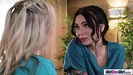 Petite blonde masseuse strapon fucks busty brunette co-owner anal