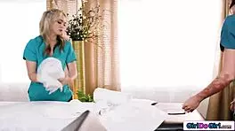 Petite blonde masseuse strapon fucks busty brunette co-owner anal