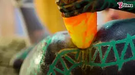 Fucking my ass with XL dildo in fishnets!