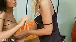 my busty brunette milf and blonde teen dildo fun