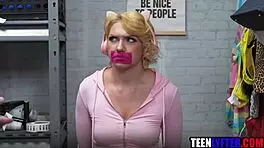 Young blonde shoplifter gets clothes ripped off for rough pussy fucking