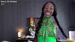 Oiled ebony babe slurps thick cum after deepthroat interracial blowjob