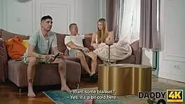 creating stunning artwork on the sofa with a beautiful blonde!