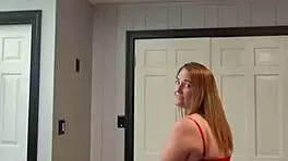 Brunette housewife strips teasing to music in homemade solo show