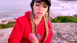 beautiful blonde deepthroats huge cock publicly on beach