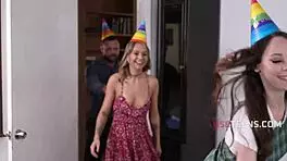 Petite Birthday Babe Takes Intense Oral Group Pounding from Two Studs