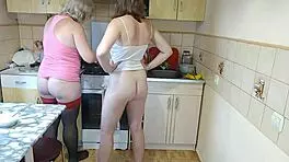 blonde milf and brunette teen strip in kitchen nudist fun