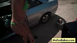 NATURAL BUSTY BLONDE TEEN FUCKS HUGE COCK OUTDOORS BY CAR WASH
