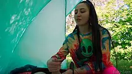 ecstasy surges as slutty hippie jerks huge cock free in forest tent