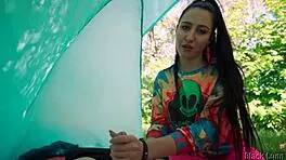 ecstasy surges as slutty hippie jerks huge cock free in forest tent