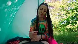 ecstasy surges as slutty hippie jerks huge cock free in forest tent