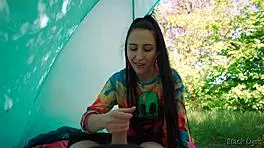 ecstasy surges as slutty hippie jerks huge cock free in forest tent