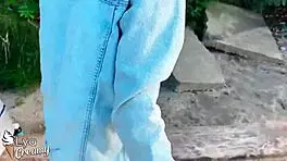 Blonde babe deepthroats monster cock with sloppy handjob outdoors pov