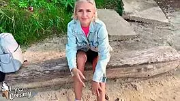 Blonde babe deepthroats monster cock with sloppy handjob outdoors pov