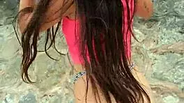 cutie brunette dances bikini beach flashing public chill next door vibe