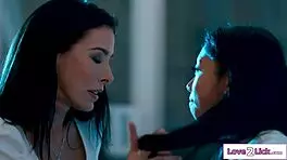 big tit asian licks busty brunette's shaved wet pussy