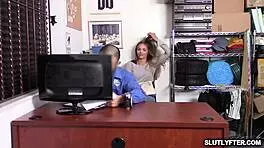 Blonde shoplifter Scarlett Fall tempts pervy security guard