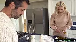 horny guy ravages panty-free miniskirt babe while wife preps party downstairs