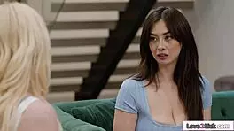 Busty milf gets first steamy lesbian kiss and lick from petite lover