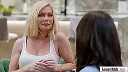 Busty milf gets first steamy lesbian kiss and lick from petite lover