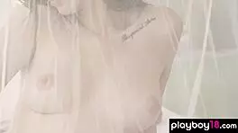 Busty ukrainian gloria sol strips teases shaved pussy on table