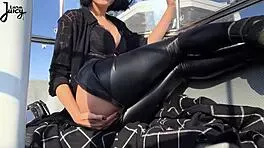 Brunette babe squirts riding dildo on ferris wheel publicly