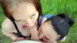 outdoor double blowjob with two wet teens deepthroat gagging ends sloppy cum mouthful swallow surprise
