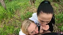 amateur ffm threesome slurps huge cocks outdoors with sloppy mouthful cum